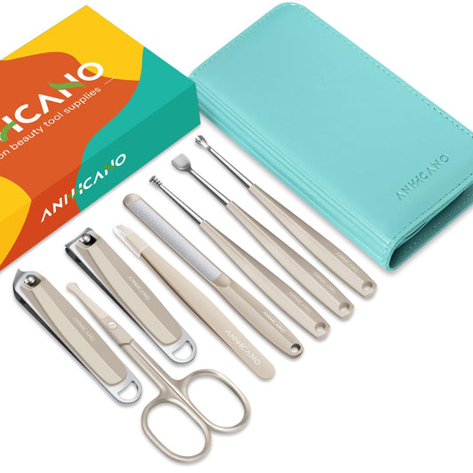 Manicure & Pedicure Kit for Men & Women, ANIHICANO 8-in-1 Premium Stainless Steel Personal Care Tools Set with PU Leather Case, Travel-Friendly for Home & Professional Use (Champagne)