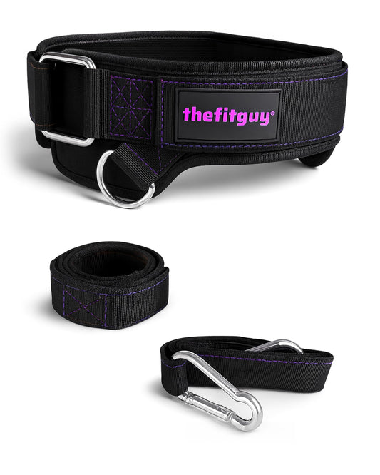 THEFITGUY Women’s Weighted Dip Belt – Contoured No-Pinch Fit for Dips, Pull-Ups & Squats | Designed for Women’s Hips | Sleek Black with Purple Stitching, Secure Buckle, 2 Straps & Hooks Included