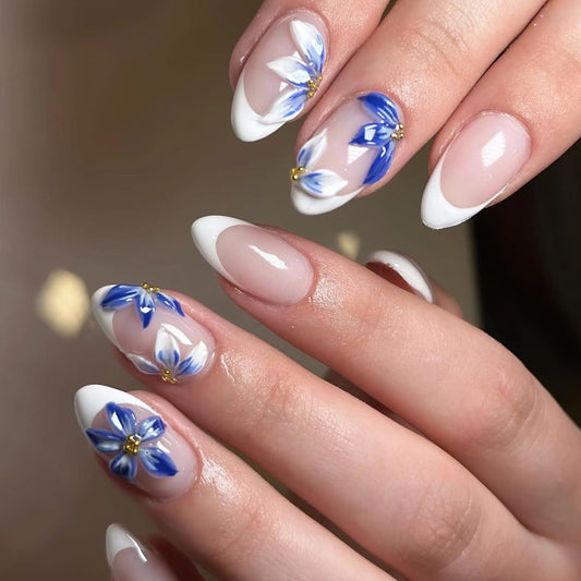 French Tip Press on Nails Short Almond Fake Nails Blue Flower Design Spring & Summer French Nails Press on Floral Designer Reusable Acrylic Nails 24 Pcs,Manicure Fingernails Daily Wear Nails for Women