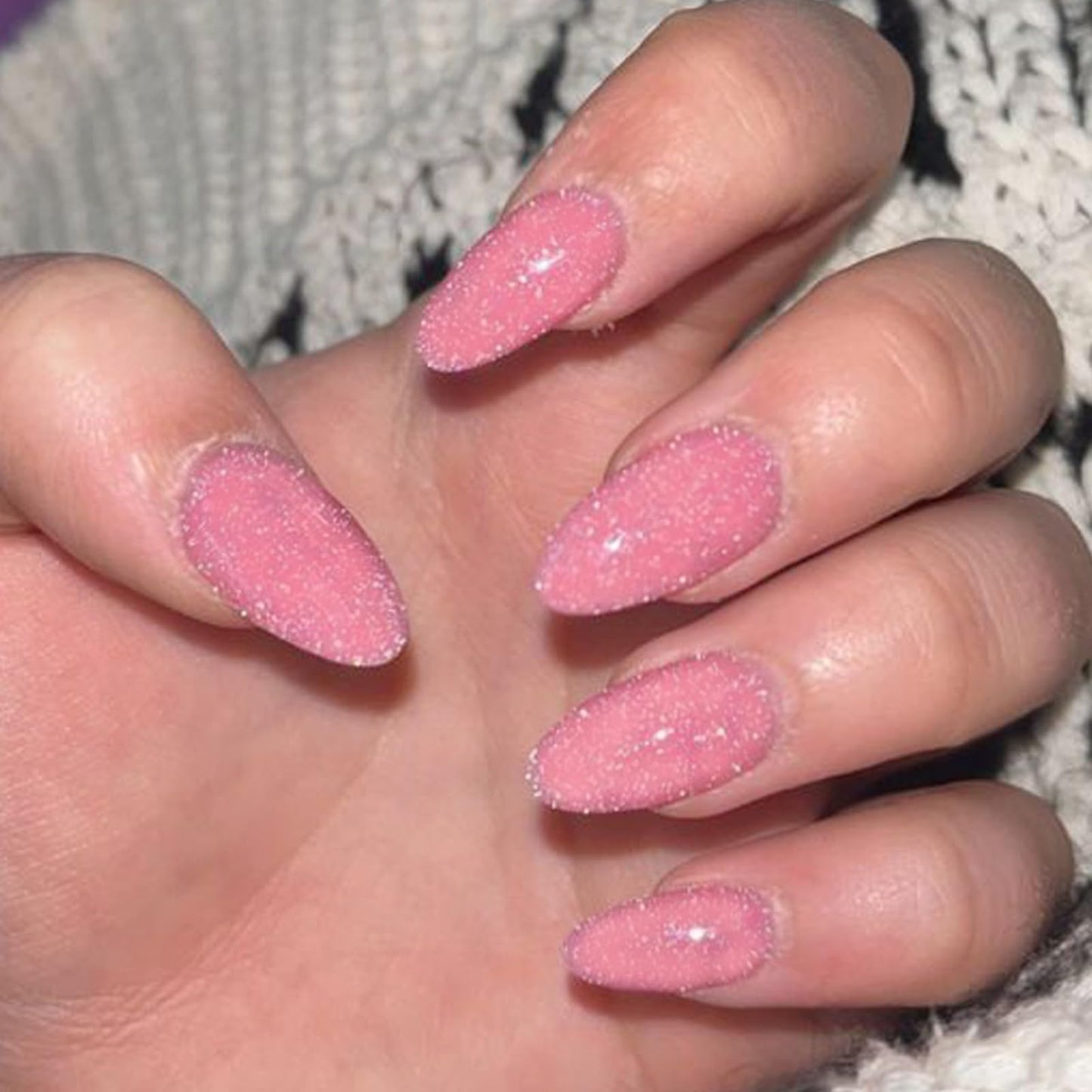GLAMERMAID Pink Press on Nails Medium Almond, Handmade Glitter Light Pink Neutral Jelly Sofy Gel Glue on Nail Stiletto, Glossy Fake Nails Short Oval，Reusable Acrylic Stick on False Nail Kits for Women