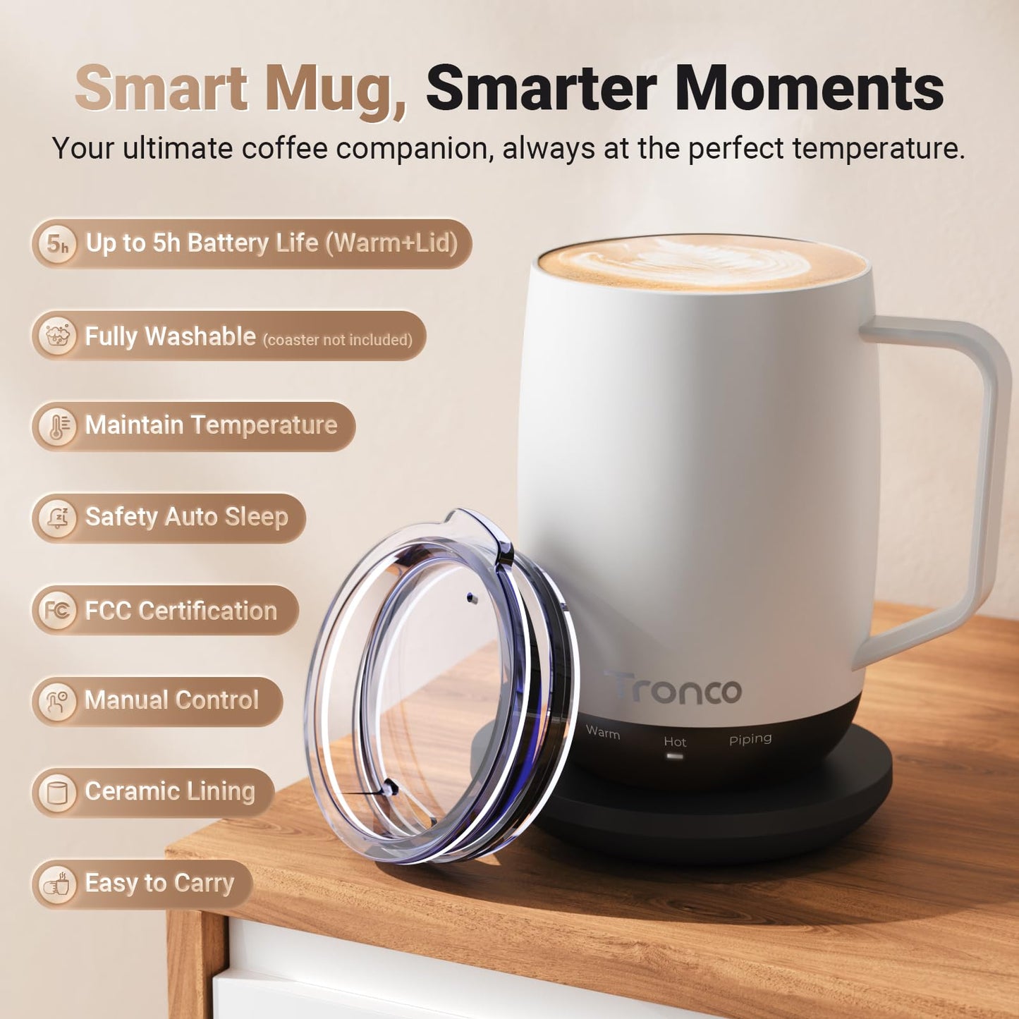 Tronco Temperature Control Heated Coffee Mug 14 oz – Rechargeable Self-Heating Coffee Mug with Lid – Manual Control, 3 Modes, 130 Min Battery Life, Auto Shut-Off (Blue)