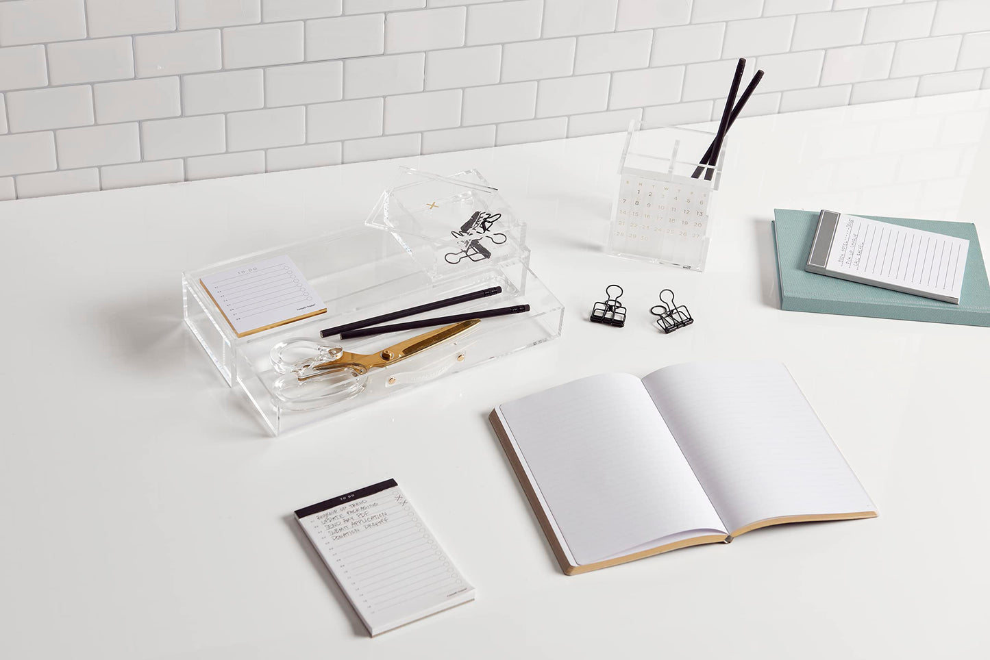 russell+hazel Acrylic Perpetual Calendar and Pencil Bloc Two Compartment Pen Cup, Office Supplies, Clear, 4” x 4”