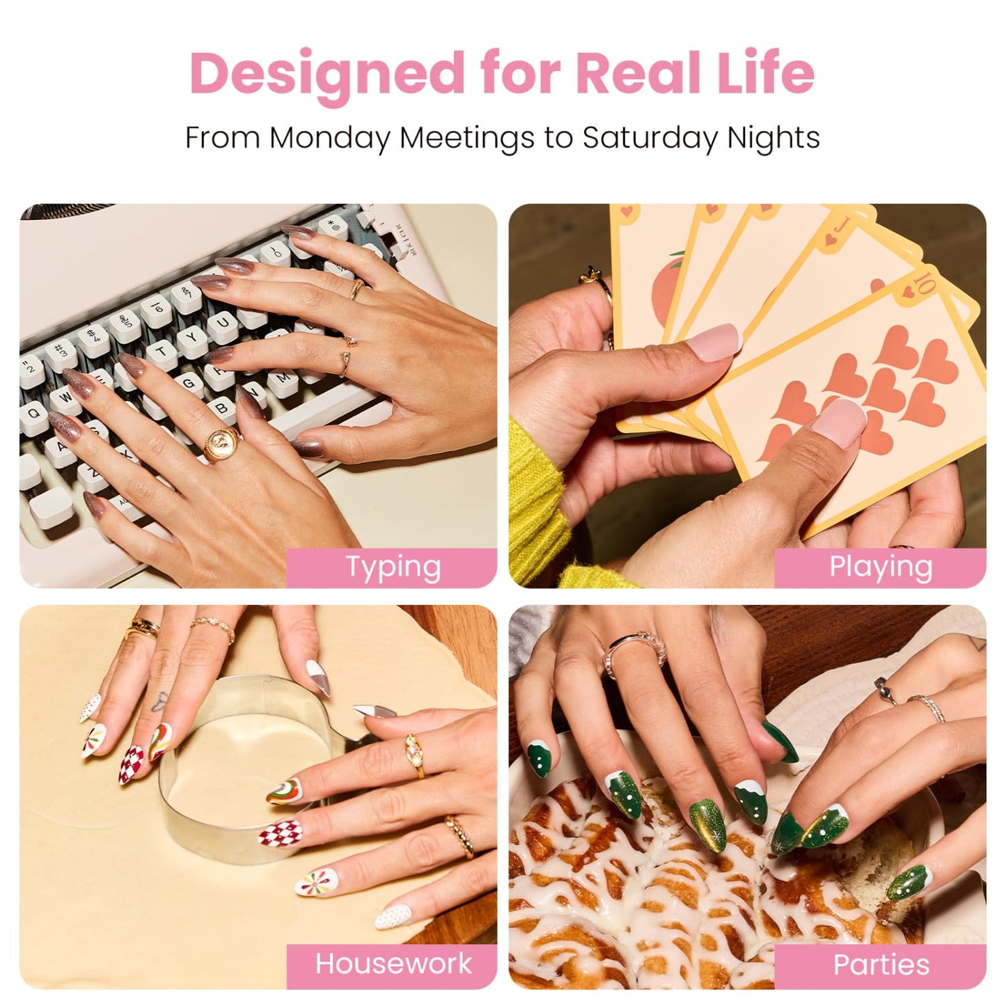 Nail Reformation Press On Nails, Soft Sakura | Floral Medium Almond Fake Nails with Gold Flecks on Sheer Nude Base, Salon Quality, Reusable Stick On Nails in 15 Sizes - 30 Nail Kit, Gifts for Women