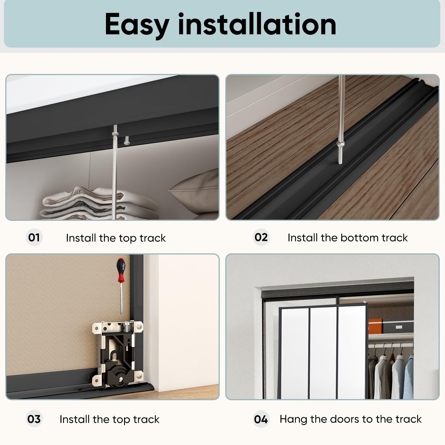 JUBEST Sliding Closet Door 48 x 80", Black Farmhouse Sliding Door with Top & Bottom Track Kits, Preassembled Frosted Glass Bypass Closet Door, Easy to Install