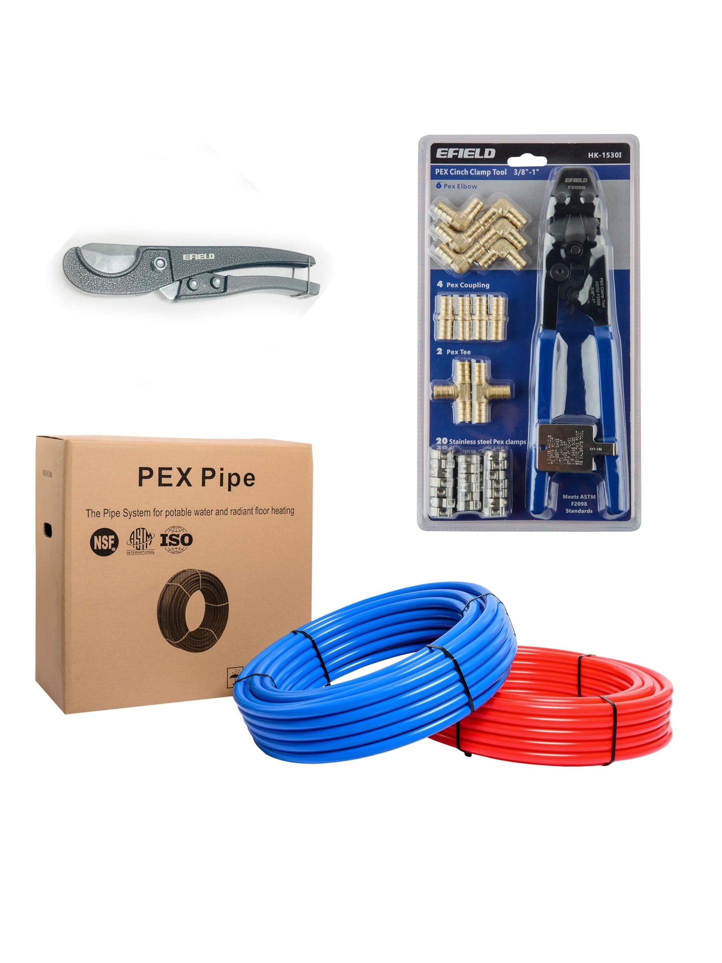 EFIELD 1/2-inch PEX Pipe Plumbing Installation Kit: 1/2-Inch X 200 ft Pex-b Tubing (100 ft Red + 100ft Blue), 12 Pcs Pex Brass Fittings, Cinch Clamp Fastening Tool and 20 Pcs 1/2" Clamps,(AB21530I)