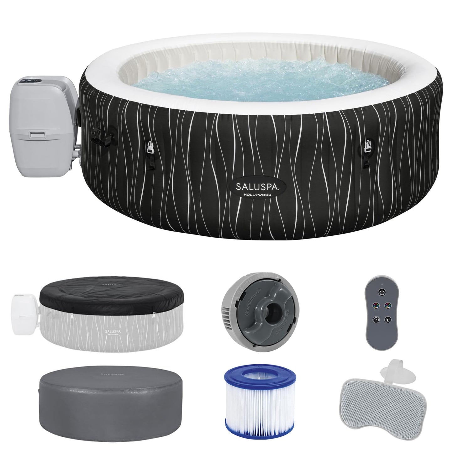 Bestway SaluSpa Hollywood EnergySense Luxe AirJet Round Inflatable 4 to 6 Adult Hot Tub with Heater, Filter, 2 Covers, and 140 AirJet System
