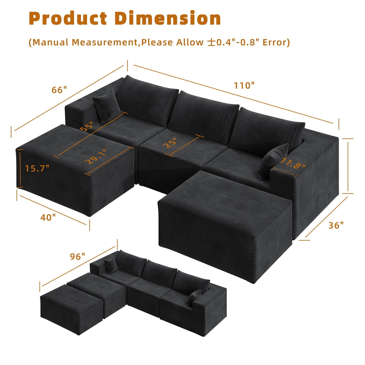 CABZOON 110" Boneless Couches for Living Room Cloud Couch Modular Sectional Sofa with Deep Seat Plush Large Foam SofaU-Shape Sofa Couch,No Assembly Required, Black (Plush Corduroy Fabric)
