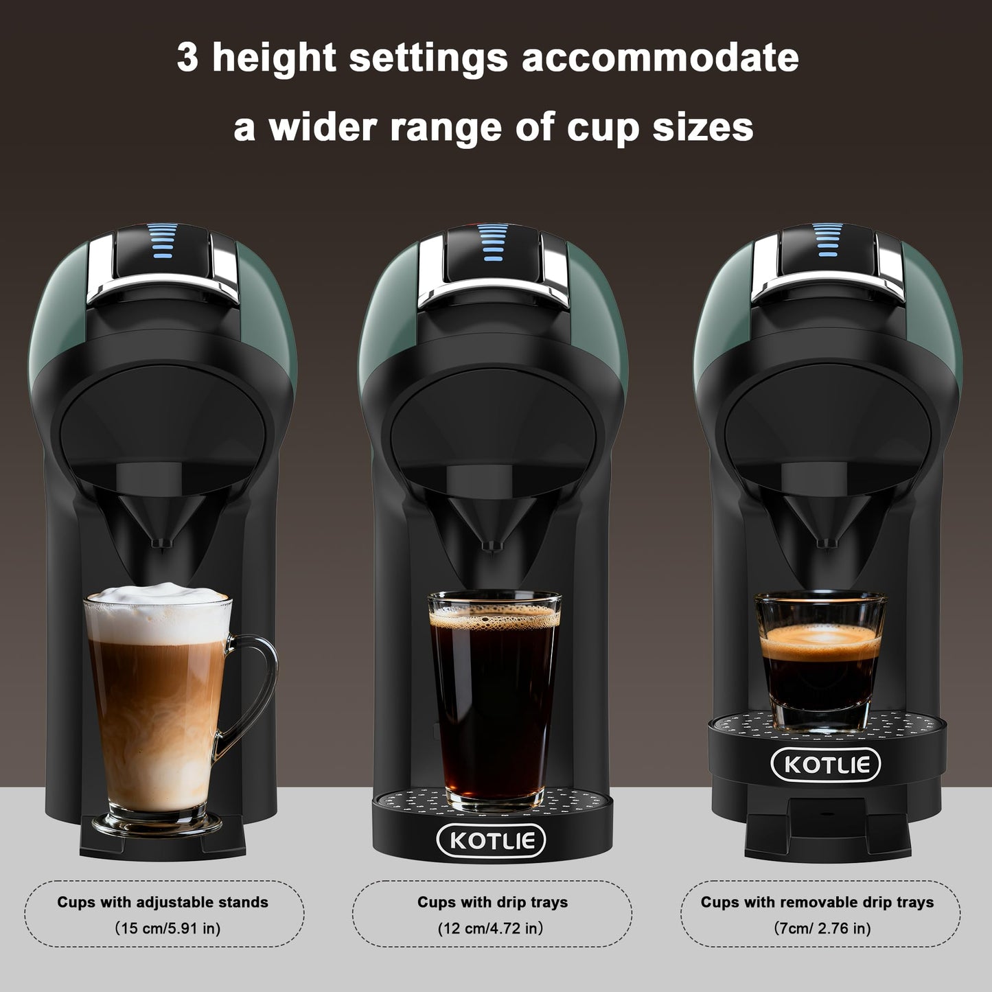 KOTLIE EM-308B Espresso Machine, Single Serve Coffee Maker Compatible with Multiple Capsule Types, Ground Coffee, and ESE Pods, 3 Temperatures, 7 Water Volume Levels, 34 Oz（Green）
