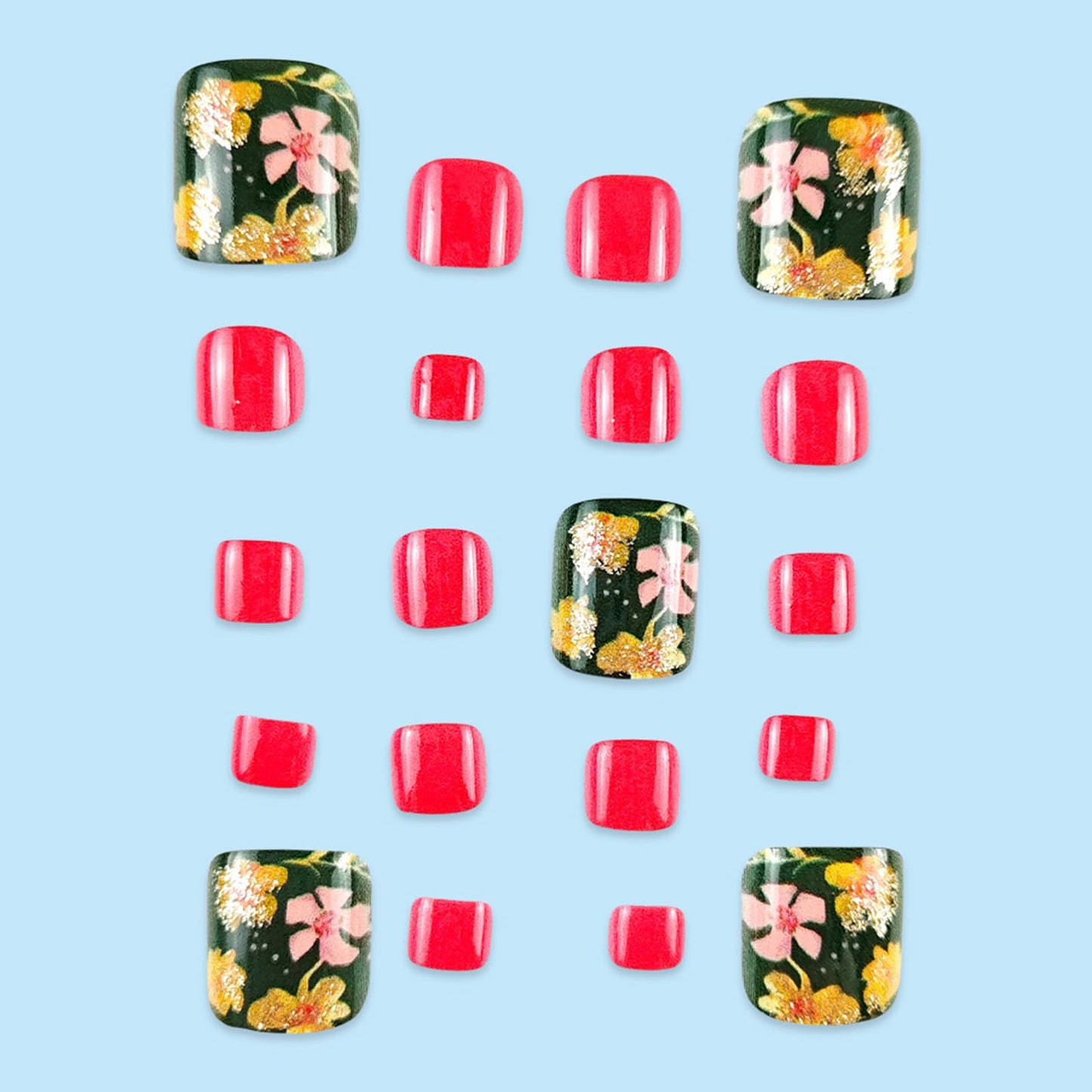 24Pcs Flower Press on Toenails Short Square Fake Toe Nails Press ons Pink Gold Glitter Floral Acrylic Toenails Rose Red Green Toe Press on Nails Summer False Toenails for Coquette Women
