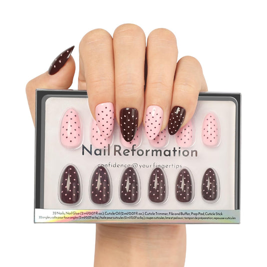 Nail Reformation Press On Nails, Double Dip | Polka Dot Short Almond Fake Nails in Rich Brown and Creamy Pink with Glossy Finish, Reusable Stick On Nails in 16 Sizes - 32 Nail Kit for Women Gifts