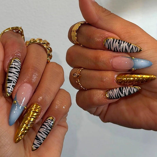 Long Press on Nails Almond Fake Nails Blue French Artificial Nail Gold Charm Designs Leopard Stick on Nail for Women 24pcs