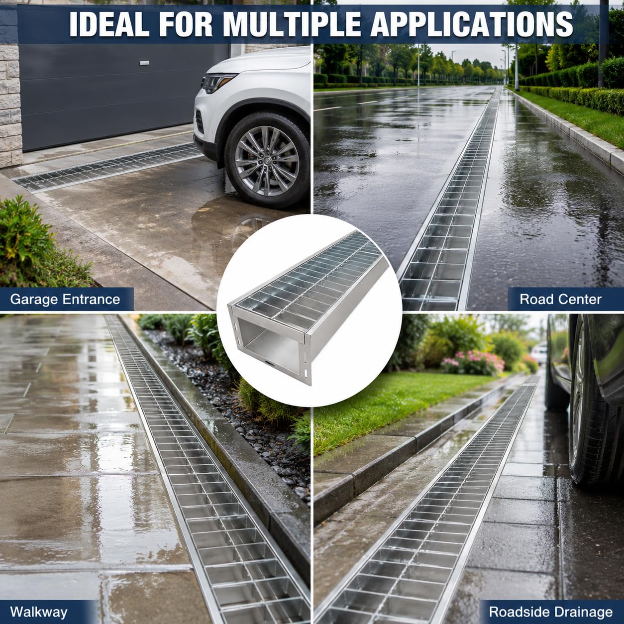 TONGMO 304 Stainless Steel Channel Drain with Galvanized Steel Grate, 39.4" x 5.9" x 5.5" Trench Drain System, Class B Load Rating for Driveways, Patios, and Pool Decks