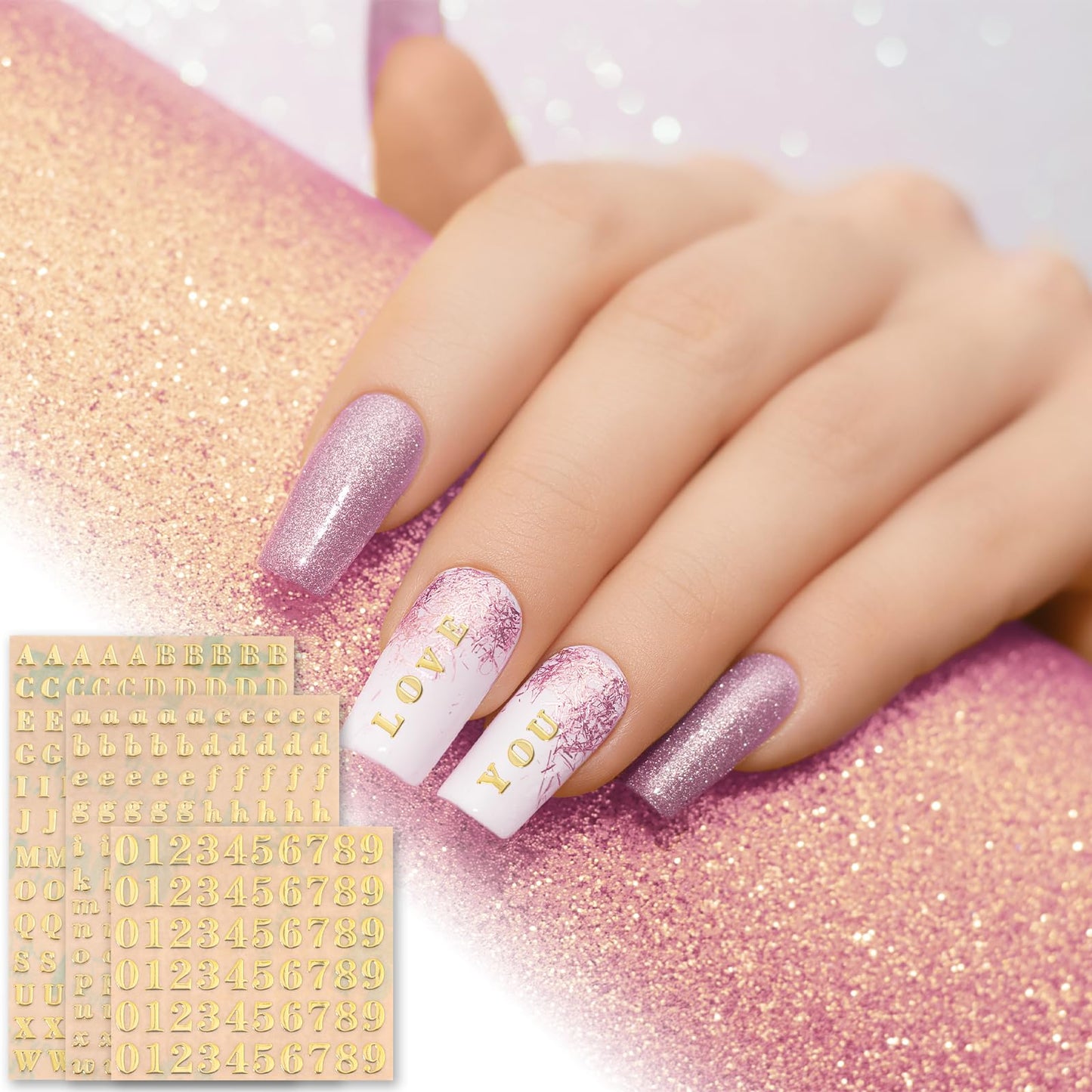 12 Sheets 0.12 inch Small Nail Letter Stickers, Mini Letter Nail Stickers and Number Sticker Glitter Alloy Self Adhesive Gold Sticker Letters for DIY Crafts Scrapbook