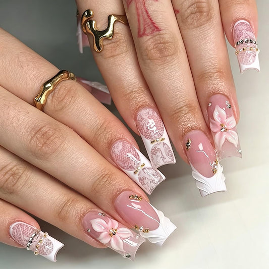 Long Square Press on Nails White French Tip Fake Nails with Lace Print & 3D Pearls Design Nude False Nails Reusable Full Cover Glue on Nails for Women, Elegant Bridal Manicure Kit 24Pcs