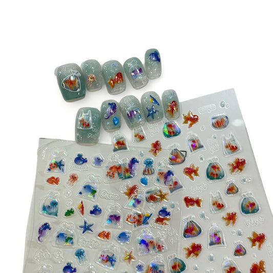 SIMAYKUWA Jelly Bag 3D Goldfish Nail Stickers - 5D Relief Ocean Theme Bubble Water Nail Art Decor, DIY Easy Apply Fake Nails for Women Girls, Cute Long Lasting Manicure Accessories A Set of 2 Sheets