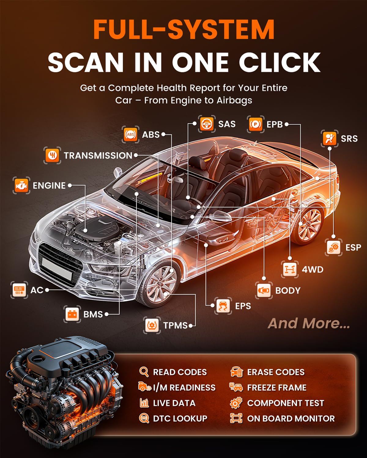 ANCEL DS200 Full System OBD2 Scanner with 15+ Reset Services - Oil/BMS/Brake Reset, DPF Regen, Injector Coding, ABS Bleeding, Free Lifetime Updates, Online Customer Service