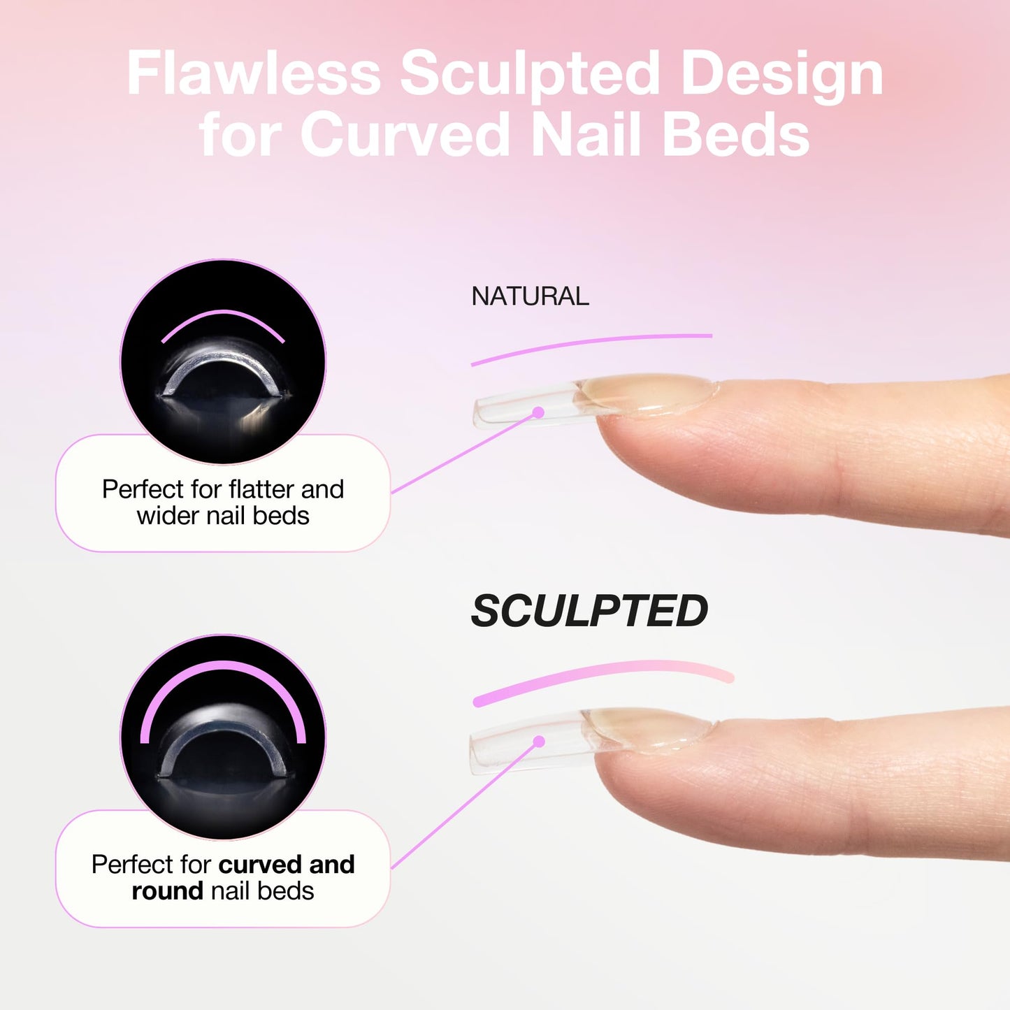 Curacoro Sculpted Short Almond Gel Nail Tips 420Pcs, Clear Full Cover Soft Acrylic Tips 14 Sizes, Easy to Use, Long-Lasting, Glossy Finish