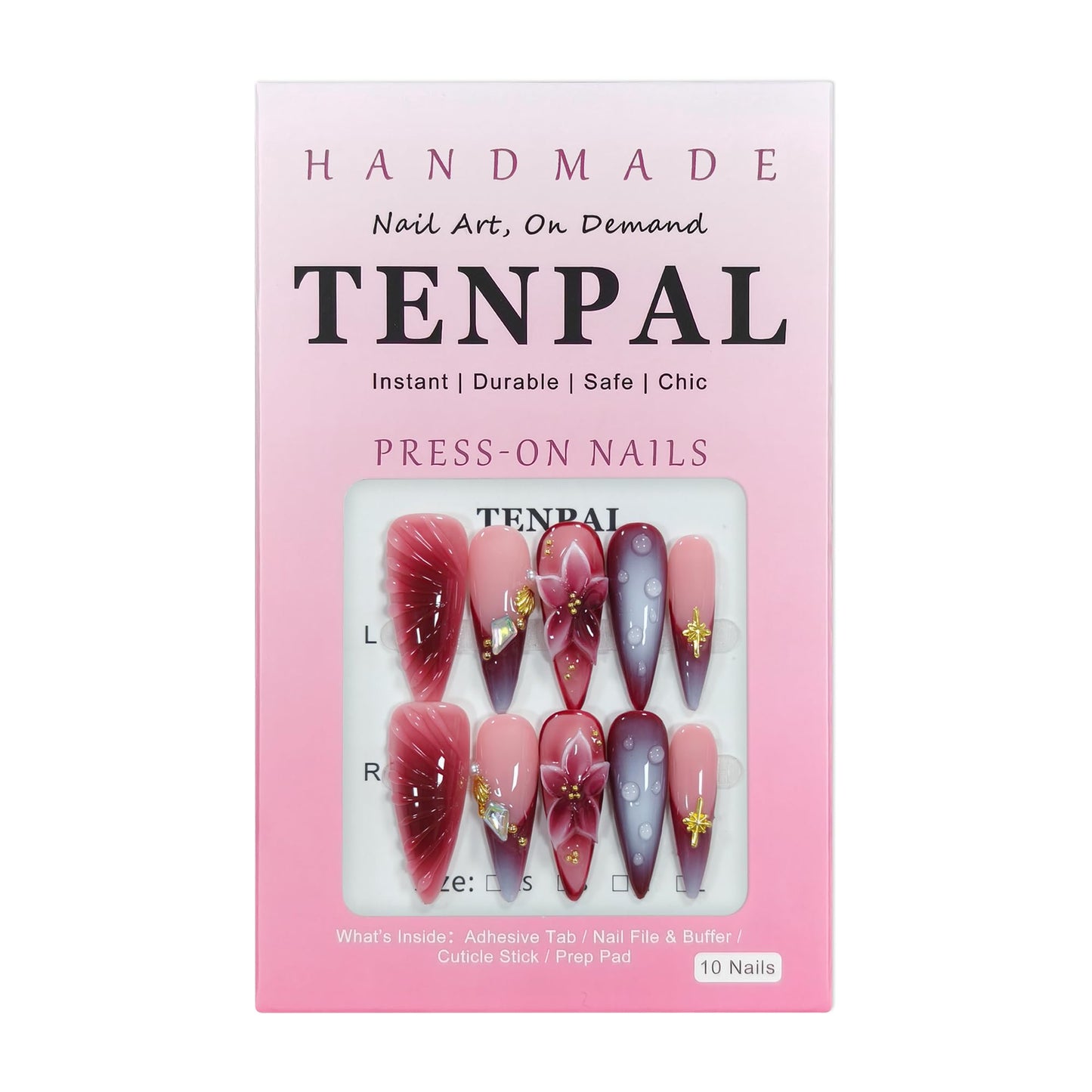 TENPAL Stiletto Press on Nails - Wine Brown Blushing French Fake Nails with 3D Floral Teardrop Design,Glossy False Nails with Tools,Handmade Glamorous Winter Style Glue on Nails for Women Girls(M)