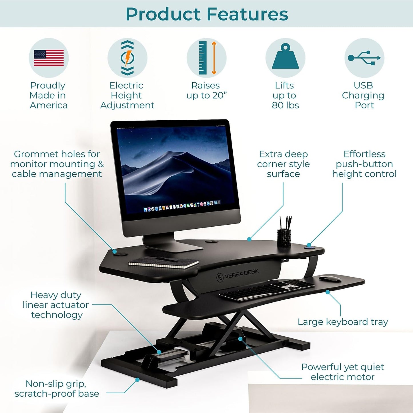 VERSADESK® PowerPro™ 36" Corner Standing Desk Converter, 36 Inch Motorized Height-Adjustable Standup Desk Riser Sit to Stand Desktop with Keyboard and Mouse Tray + USB Charging Port, Black