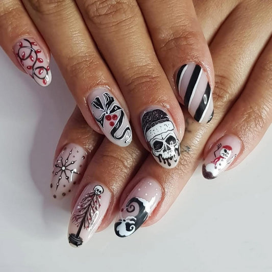 24pcs Christmas Press on Nail Almond Shape Fake Nails Full Cover Black White Press ones with Skull Christmas Tree Striped Snowflakes designs Winter Holiday False Nails Glossy Glue on Nails for Women
