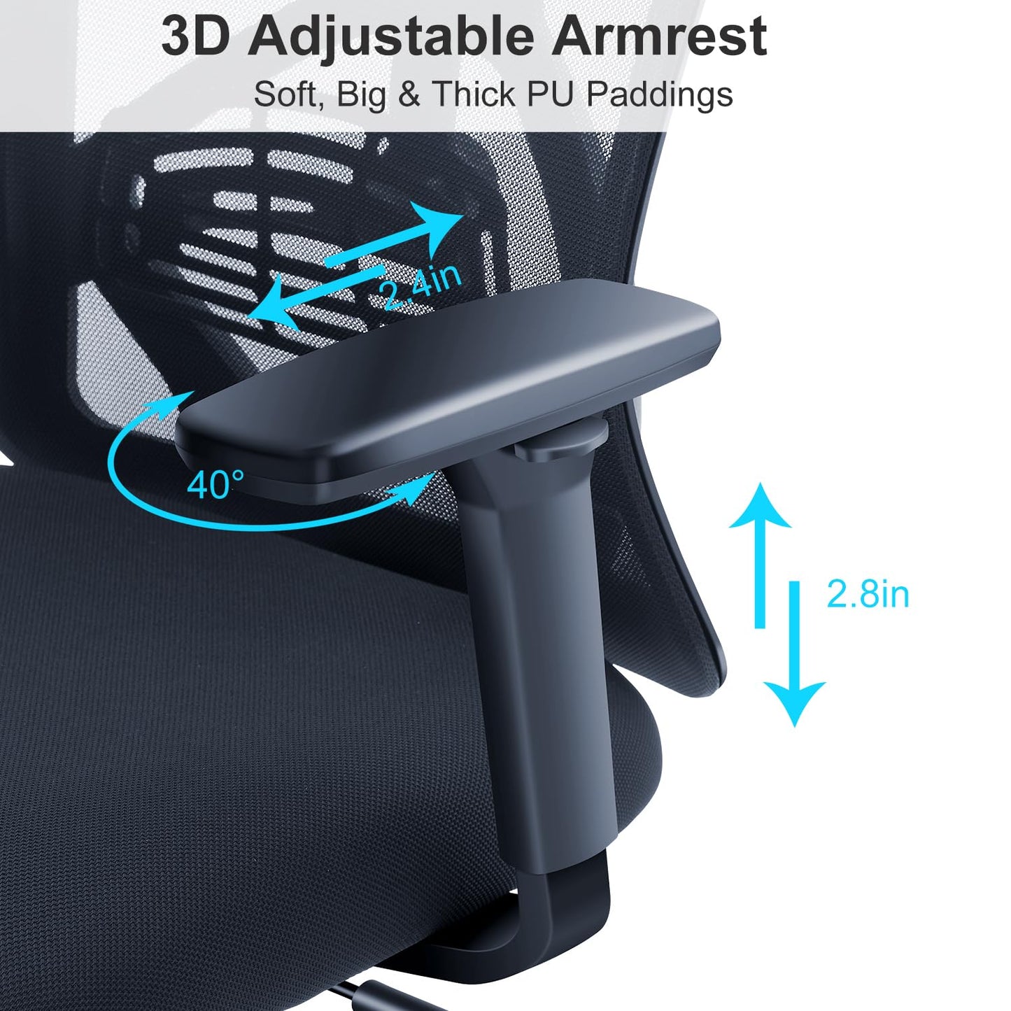 Ticova Ergonomic Office Chair - High Back Desk Chair with Adjustable Lumbar Support & 3D Armrest - 130°Reclining & Rocking Mesh ComputerChair with Thick Seat Cushion & Rotatable Headrest
