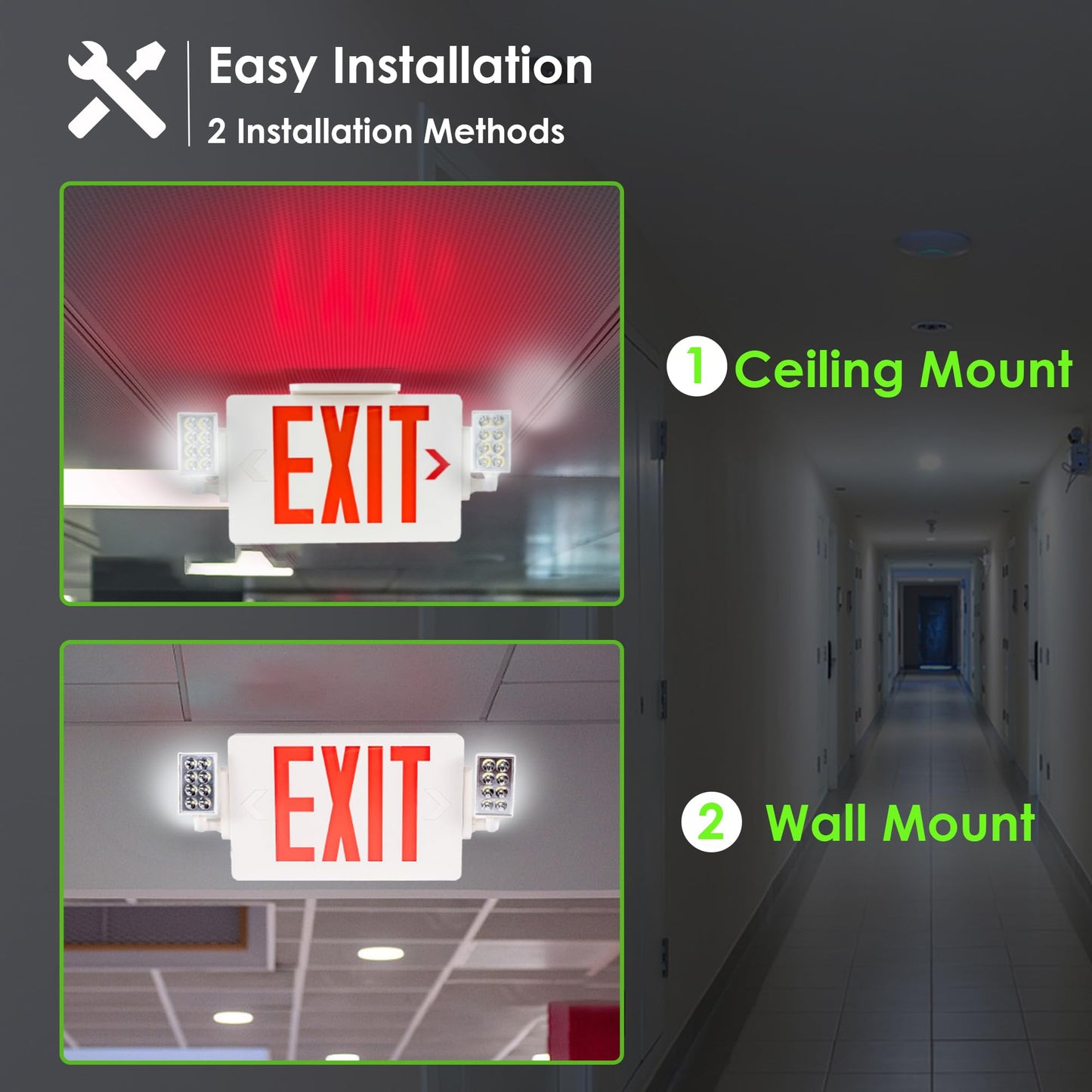 Gruenlich LED Combo Exit Sign, Emergency Light with 2 Adjustable Heads and Double Face, Back Up Batteries- US Standard Red Letter EXIT, UL 924 Qualified, 120-277 Voltage, 4-Pack