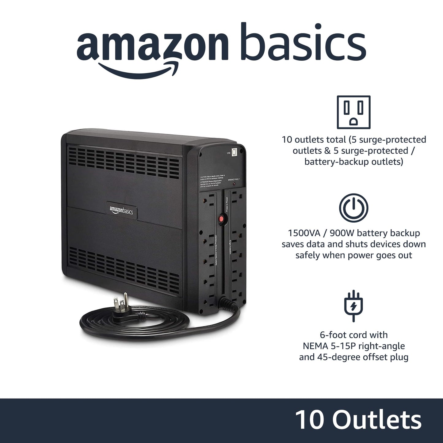 Amazon Basics UPS Battery Backup & Surge Protector, 1500VA/900W, 10 Outlets, Line Interactive Uninterruptible Power Supply with Sinewave Technology, Black