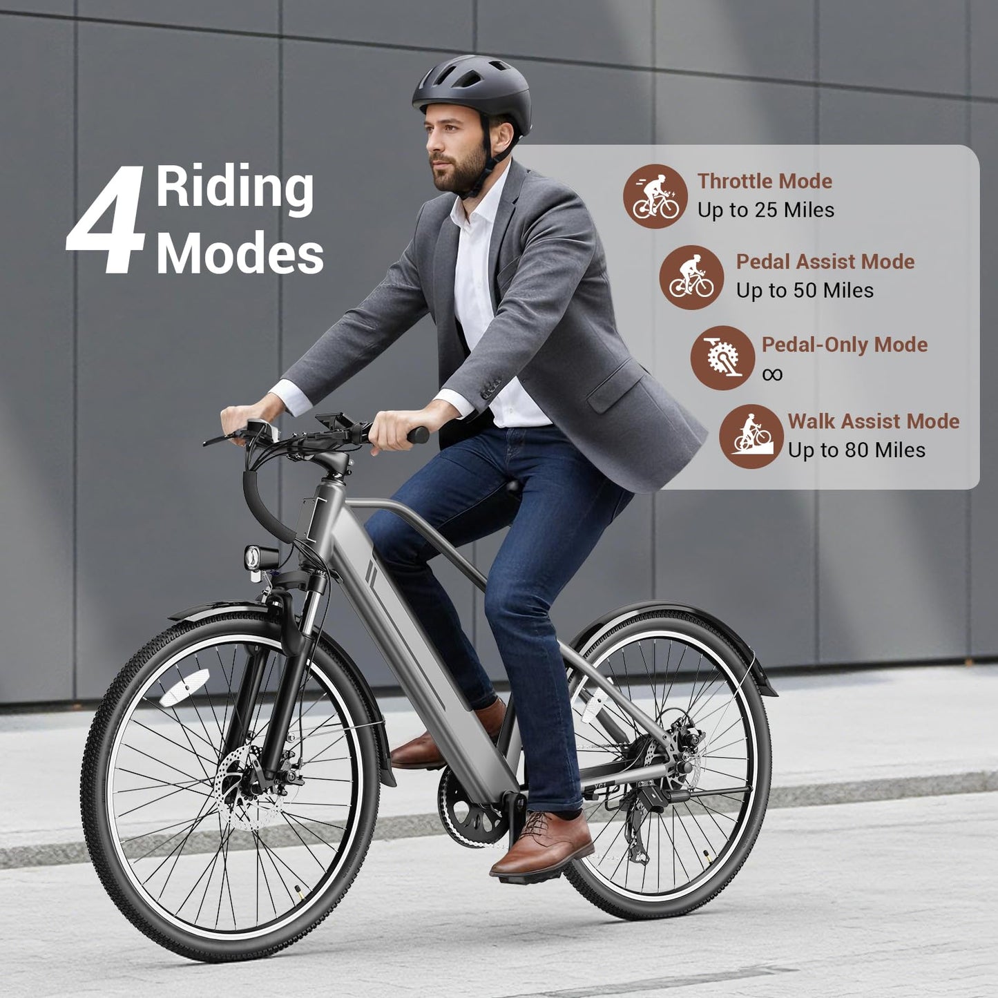 Electric Bike for Adults, Ebike 1000W Peak Motor, 25MPH Commuter Ebike, Up to 40 Miles Range, 26" Electric Bicycle for Adults with 375WH Removable Battery, All-Terrain E-Bike for Leisure(Gray)
