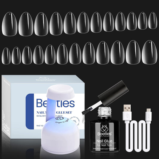 Beetles Gel Nail Kit Almond Short, 500Pcs Pre Shaped Clear Extra Short Almond Gel Nail Tips Easy Nail Extension Set with 5 in 1 Multifunctional Nail Glue Base Uv Led Lamp Nail Art Gifts for Women