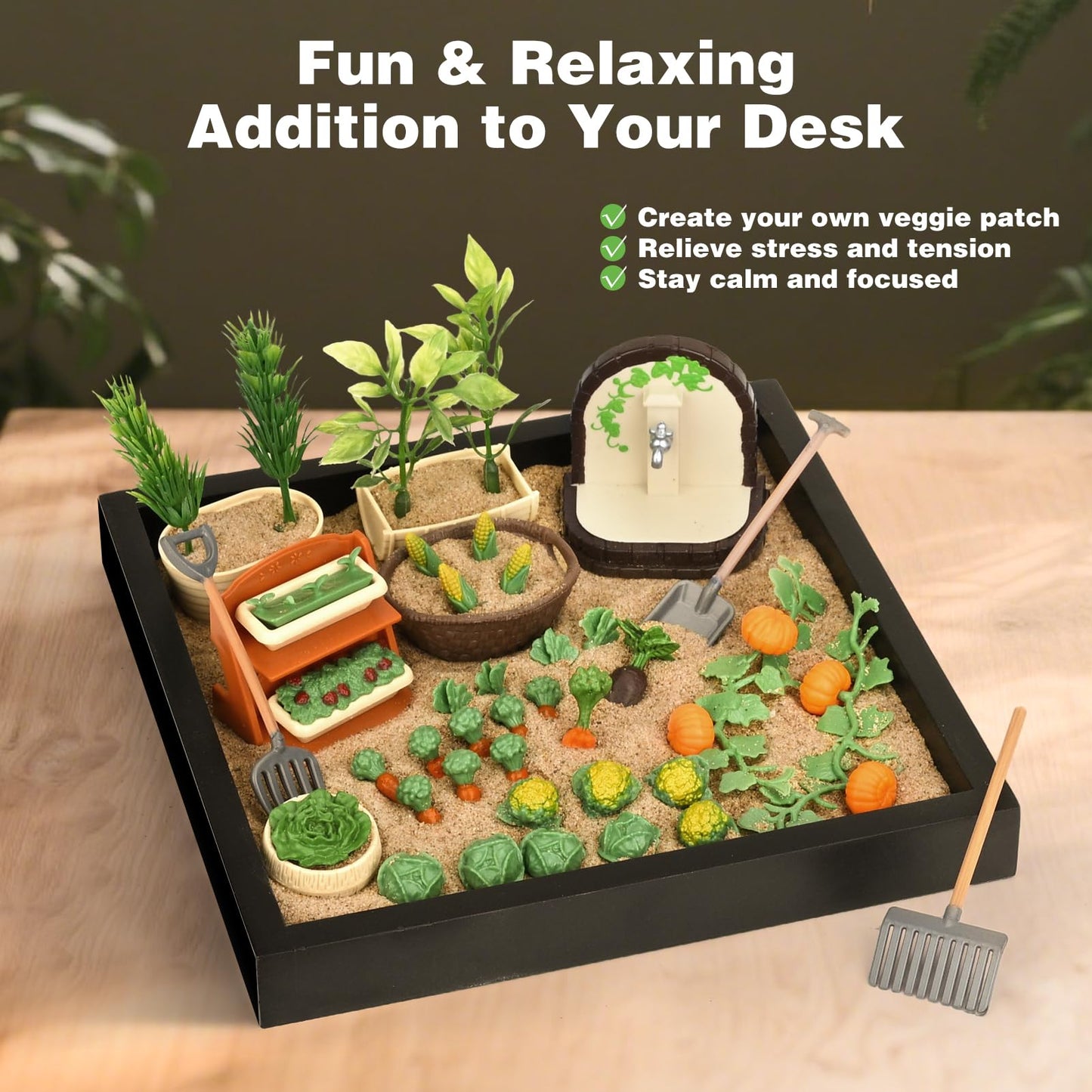 Dreamon Zen Garden for Desk, Mini Veggie Zen Sand Garden for Sandbox with Vegetable, Plants and Gardening Tools, Sand Tray Therapy Kit with 56 Accessories, Fidget Stress Relief Toys Novelty Gift Idea