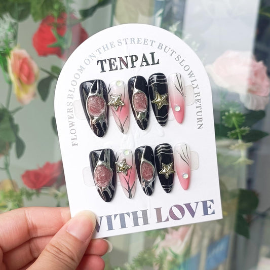 TENPAL Y2k Press on Nails long Stiletto,Black Star Charms Glitter Swirl, Soft Gel Fake Nails With Tools,Handmade Acrylic 10pcs/Box Pink False Nails With Air Brush Designs(XS)
