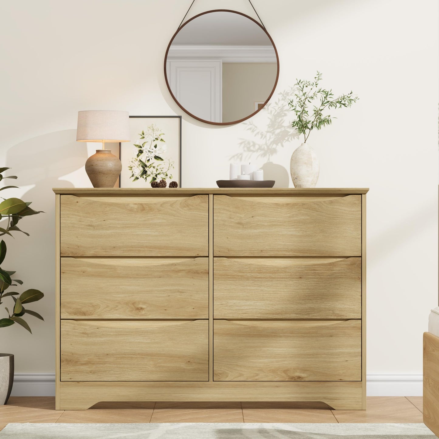 Garvee Wooden Dresser with 6 Drawers, Tall Modern Closet with Deep Storage, Large Chest of Drawers with Wide Top, Long Storage Dresser for Bedroom, Living Room, Hallway, Kids Room, Natural