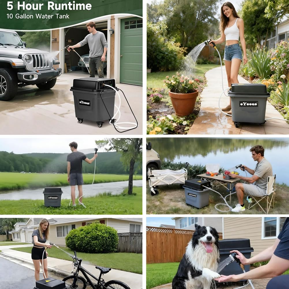 OYOOQO Cordless Pressure Washer - 330 PSI Powerful, 10Gal Built-in Tank, 5-Hour Runtime | Hose-Free Portable Cleaner for Car/Boat/ATV, Patio/Garden, Camping Shower & Outdoor Use