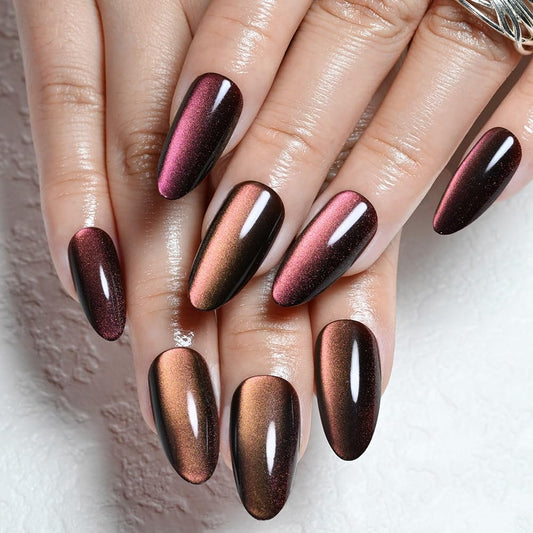 XZMeiLun Cat Eye Purple Red Press On Nails Almond Medium, Magnetic Acrylic Fake Nails Stylish Design, Salon-Quality Shiny Finish, Reusable Stick On Nails Kit for Women, Daily Wear (No Glue Included)