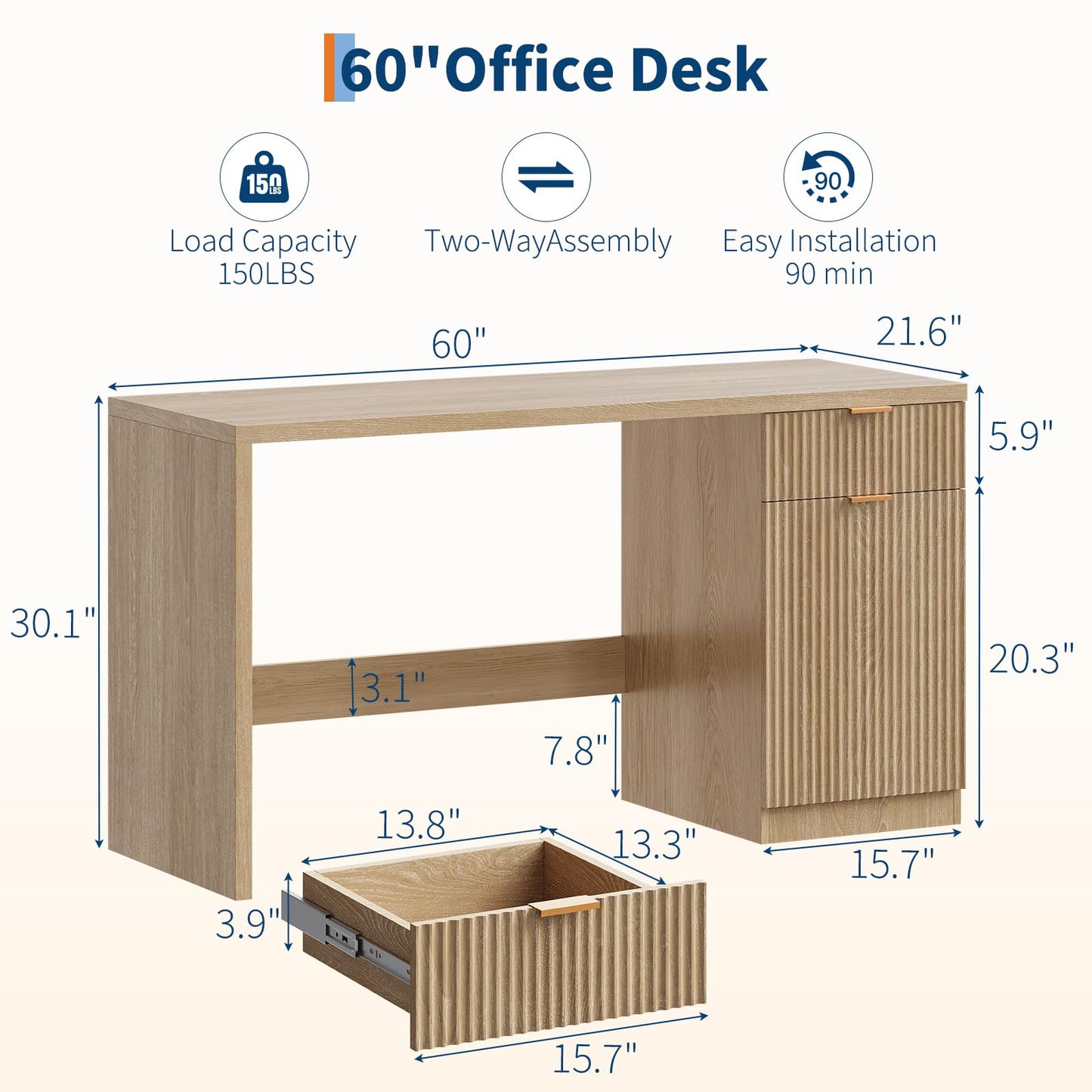 GarveeHome 60" Executive Desk with Storage, Modern Home Office Desk with Drawer & Cabinet, Wood Fluted Computer Desks Workstation Writing Conference Table for Study, Living Room, Bedroom, Natural Oak