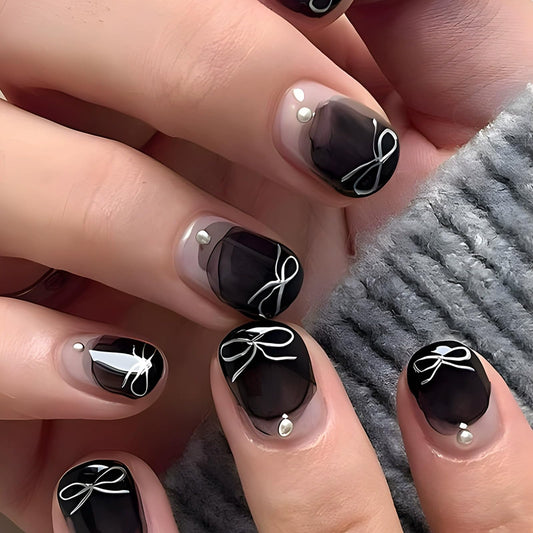 IMSOHOT Press on Nails Short Square Fake Nails Black French False Nails Artificial Full Cover Silver Bow Glue on Nails for Women Nail Decoration
