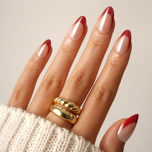 Ellie Vincy Press On Nails - Scarlet Edge French Nails, Short Almond Shape, Reusable Nails in 15 Sizes - 30 Nail Kit with Glue and Sticky Tabs