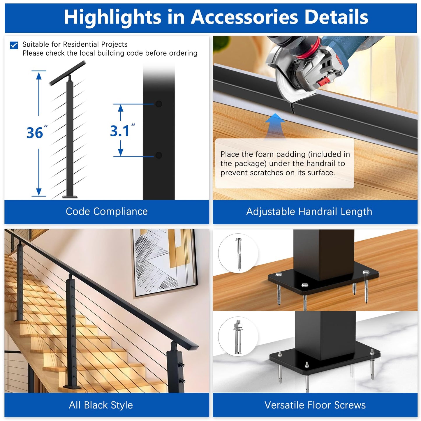 Zylorix 8ft-12ft Complete Set 36" Cable Railing System 33° Drilled with Cuttable Handrail, Modular Black T304 Stainless Steel Angled Stair Cable Railing Posts Kit for 28-38° Wood Concrete Stair