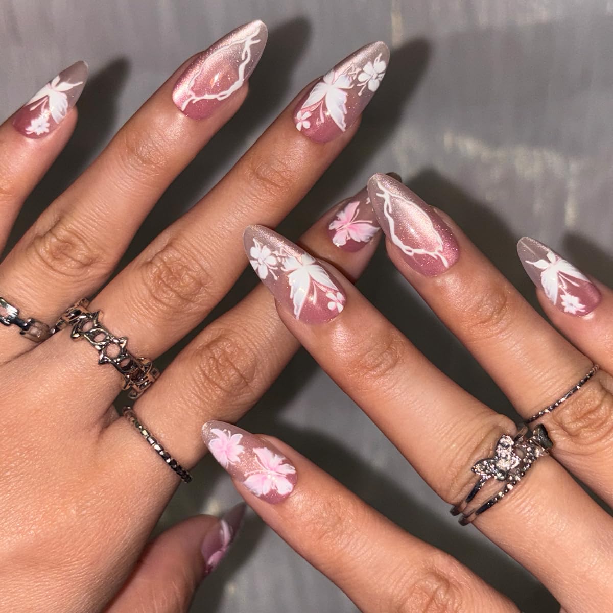 Spring Press on False Nails Pink Ombre Cat Eye Fake Nails Medium Almond Glue on Nails with Cute Butterfly Flower Designs Press ons Stick on Nail for Women Manicure 24Pcs