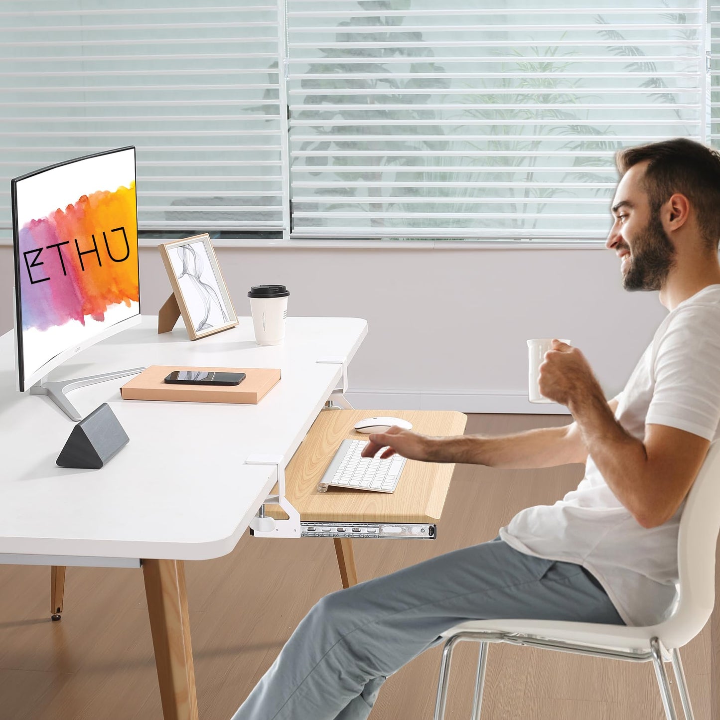 ETHU Keyboard Tray Under Desk, Pull Out Keyboard & Mouse Tray with C-clamp, Ergonomic Desk Keyboard Tray Slide Out, Pull Out Platform Drawer for Home and Office（Oak）