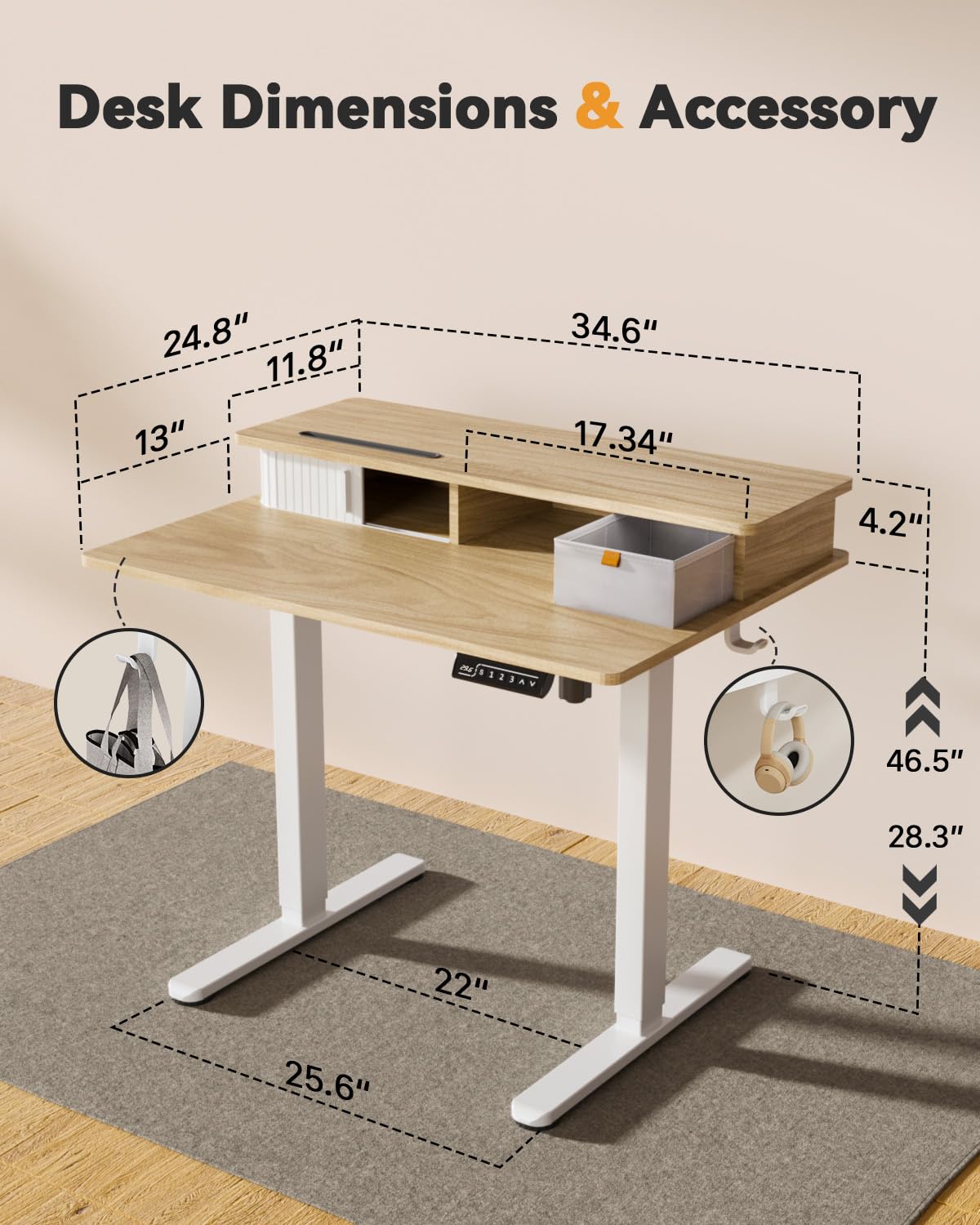 JOY worker Small Electric Standing Desk, 35" x 25" Height Adjustable Desk with Built-in Monitor Stand & Storage Drawer, White Sit Stand Desk with 2 Hooks for Home Office, Light Walnut