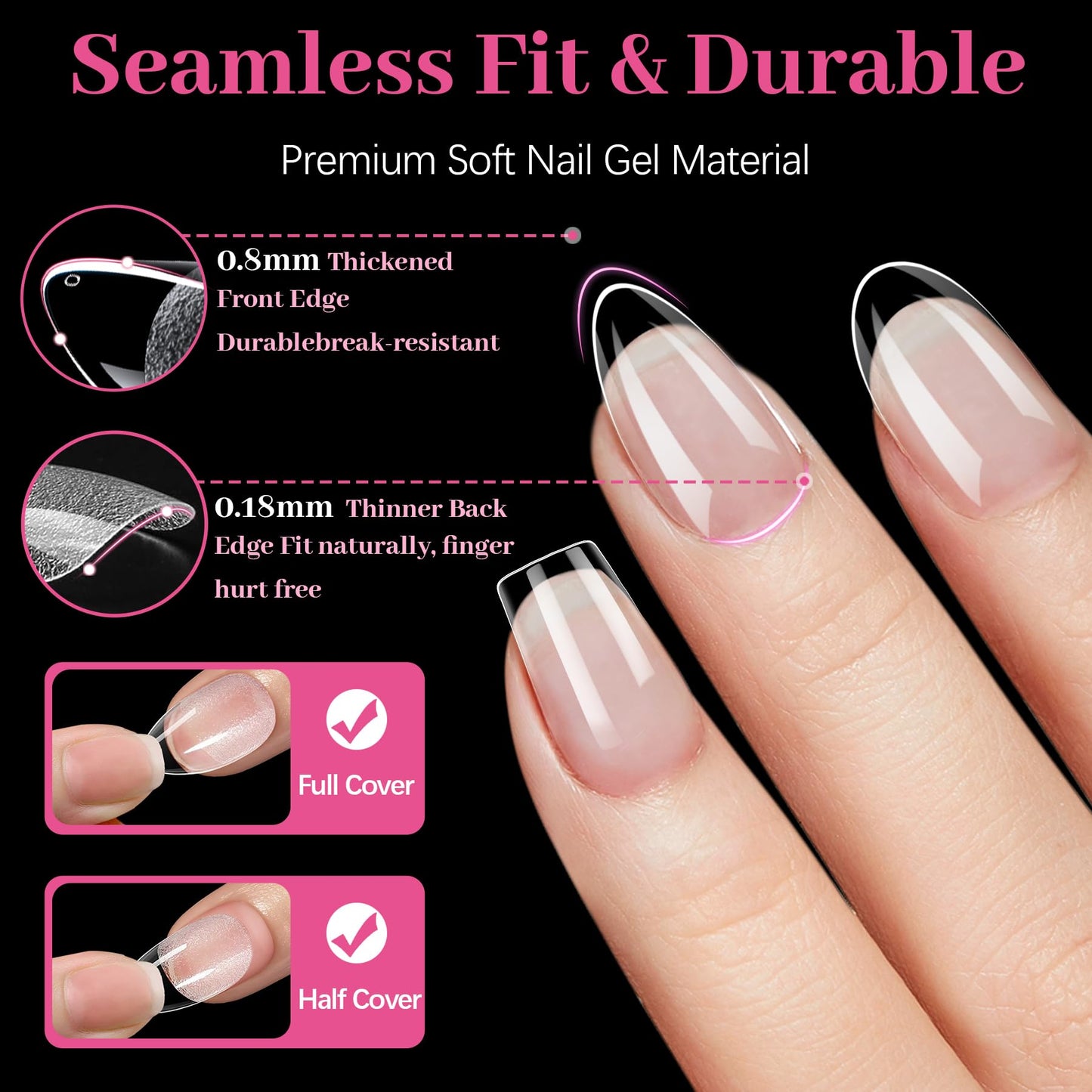 QIEK 450PCS Short Almond & Round & Square - 3 Styles Nail Tips, 70-Grit Pre-Etched Press On Nail in 15 Sizes, Fake Nail Extension Kit for Acrylic Gel Nail Art DIY Salon