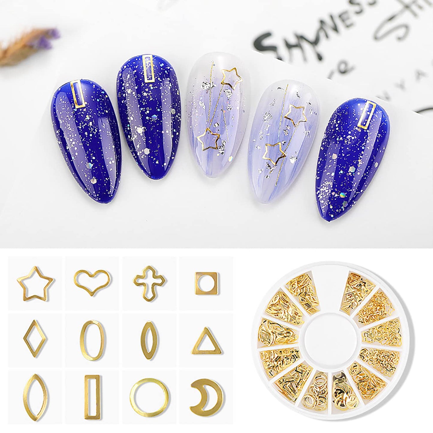 SILPECWEE 6 Boxes 3D Gold Nail Charms Hollow Metal Nail Studs Star Moon Heart Beach Nail Art Charms Nail Jewels Charms for Nails Design Nail Decoration for Acrylic Nails Accessories