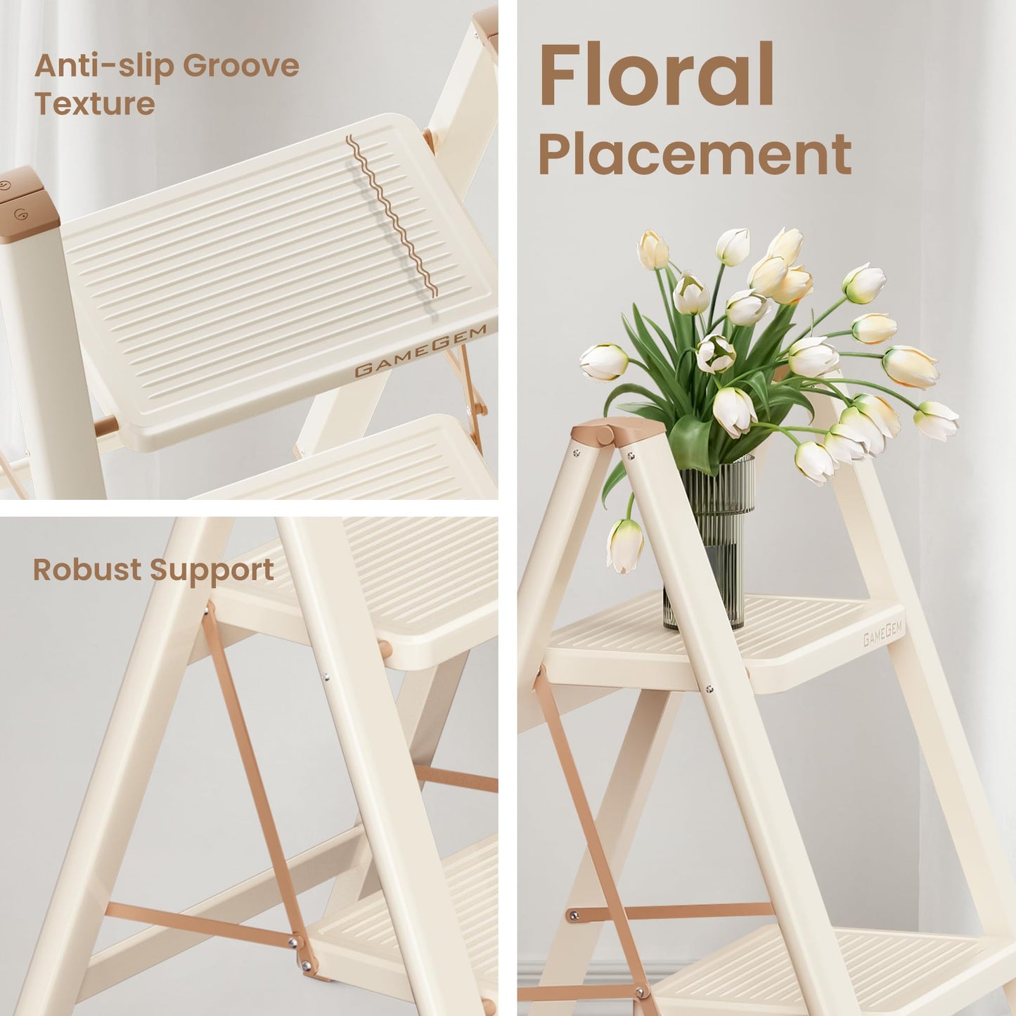 GameGem 2 Step Ladder, 2 Step Stool for Adults, Folding Step Ladder with Secure Footing, Widened Pedal, Aesthetically Pleasing Looking, Blends Right into Domestic Rooms, Cream Chocolate