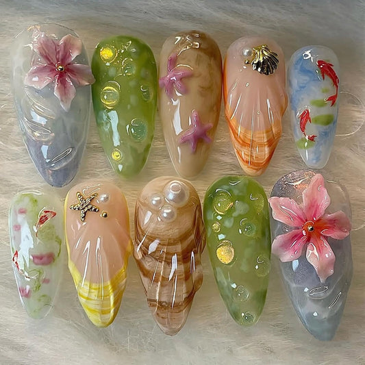 30Pcs Summer Press on Nails Medium Almond French Tip Fake Nails 3D Gold Shell Rhinestones with Flower Chinese Style Zen Ocean Designs Koi Fish False Nails Cute Stick on Nail for Women Acrylic Manicure