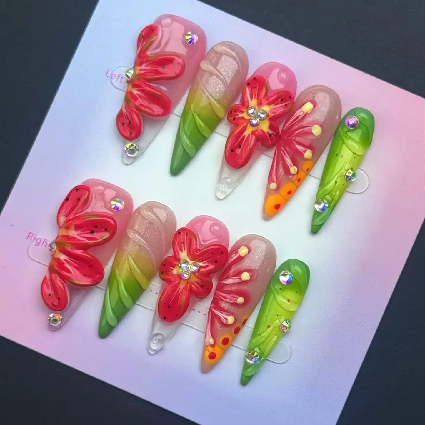 100% Handmade Press on Nails Long Stiletto Fake Nails Red 5D Flower Glue on Nails Ombre Green False Nails with Rhinestones Water Ripple Handmade Nail for Women Girls Daily Wear Manicure 10pcs Size L