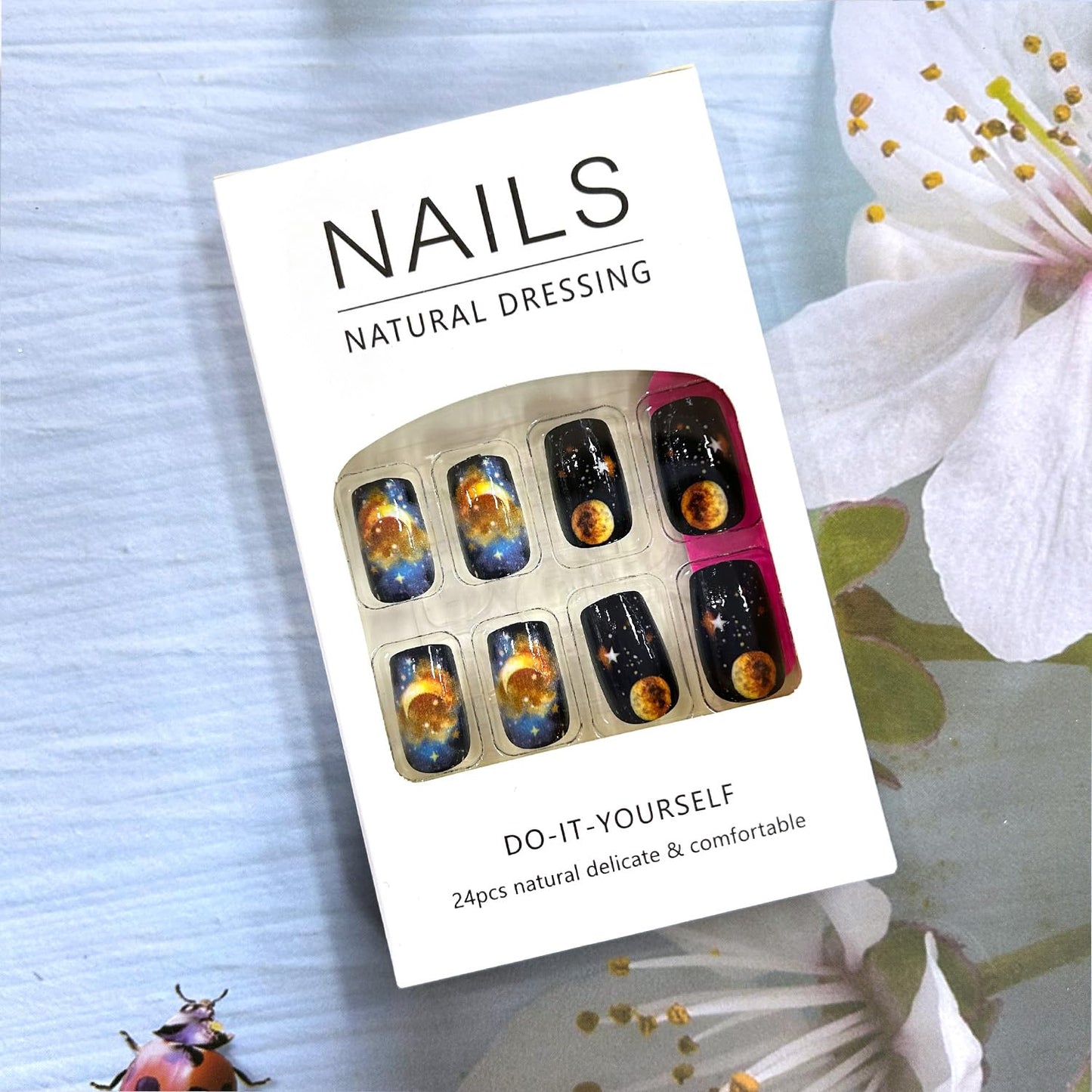 Press on Nails Medium Length Black Starry Sky Design Acrylic Nails Gold Moon Stars False Nails Full Cover Stick on Nails Stars Ball Fake Nails Artificial Coffin Nails Acrylic Glue on Nails for Women