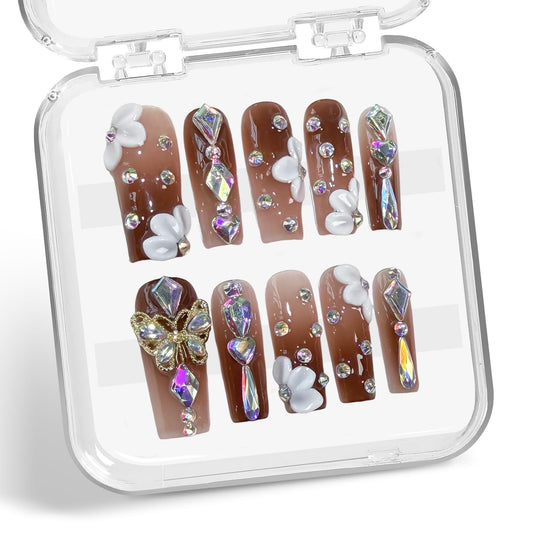 Generic Rhinestone Press on Nails Luxury Handmade Long Coffin Acrylic Nails 3D Flower Butterfly Designs Gradient Thick Fake Nails Full Cover Stick on Nails for Women Nails Manicure Decor (10pcs/box)