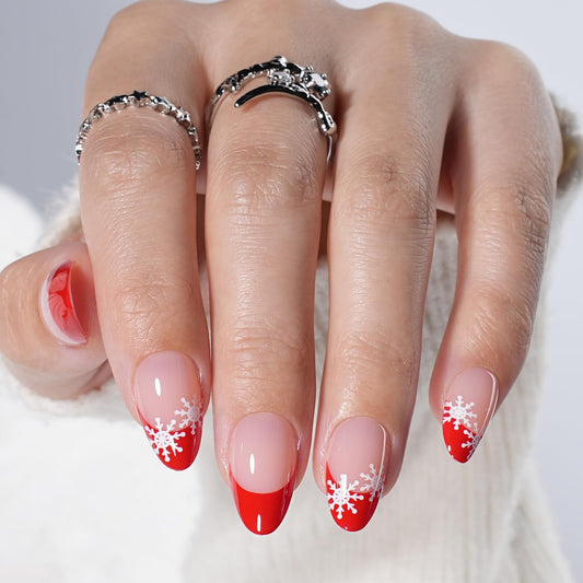 Leefrei French Tip Press on Nails - Glossy Red Press on Nail with Snowflakes, Short Almond Fake Nails Reusable Nails Press ons for Women, 32 Pieces in 16 Sizes False Nails Kit with Glue, Crimson Snow