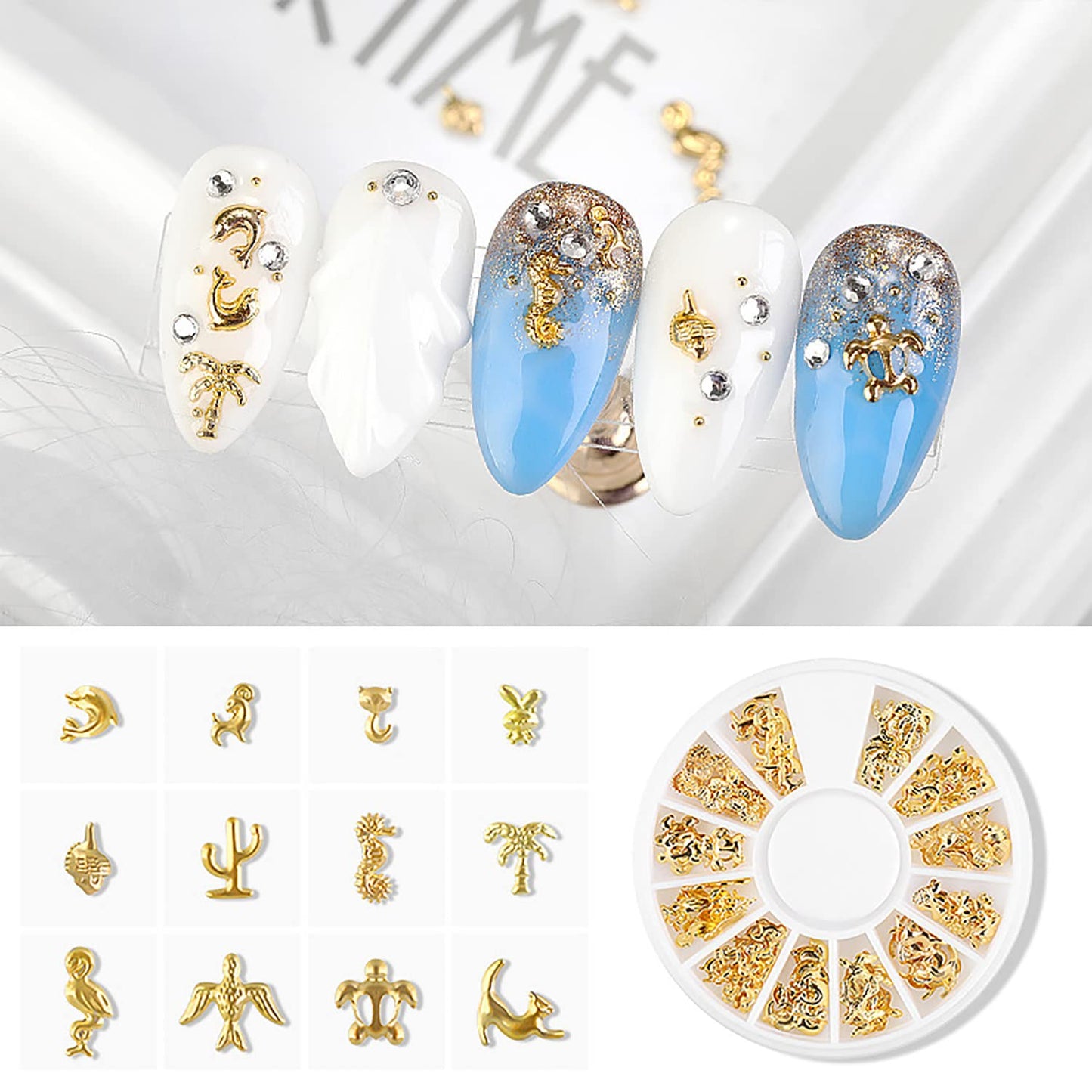SILPECWEE 6 Boxes 3D Gold Nail Charms Hollow Metal Nail Studs Star Moon Heart Beach Nail Art Charms Nail Jewels Charms for Nails Design Nail Decoration for Acrylic Nails Accessories